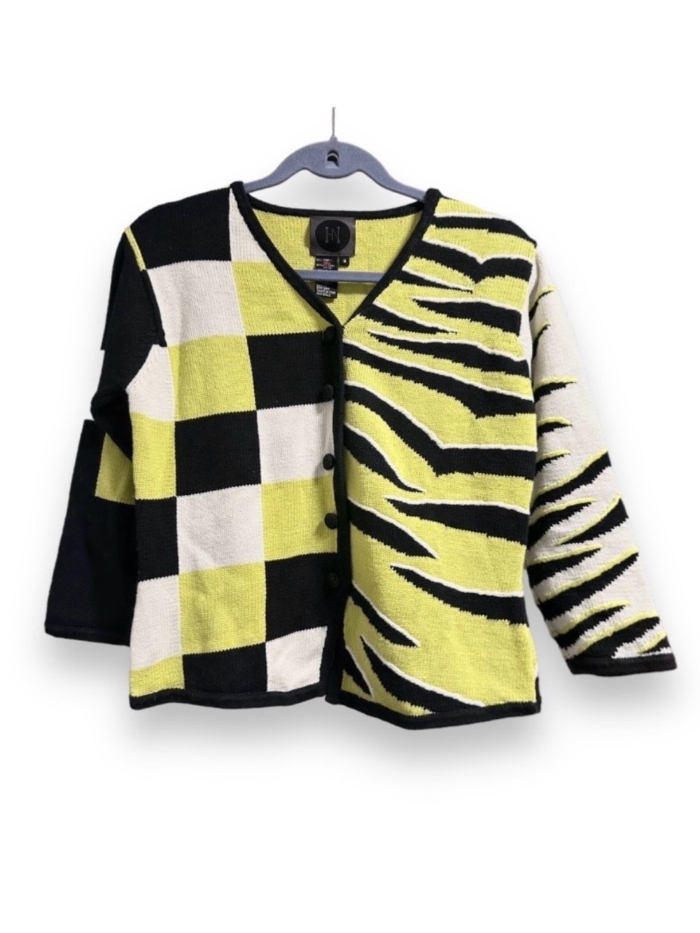Vintage Checker Animal Print Knit Cardigan Multicolor Sweater Women’s Size Small